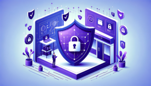 "Isometric illustration of a cybersecurity concept, featuring a figure studying a large digital shield representing data protection, surrounded by security icons and devices."