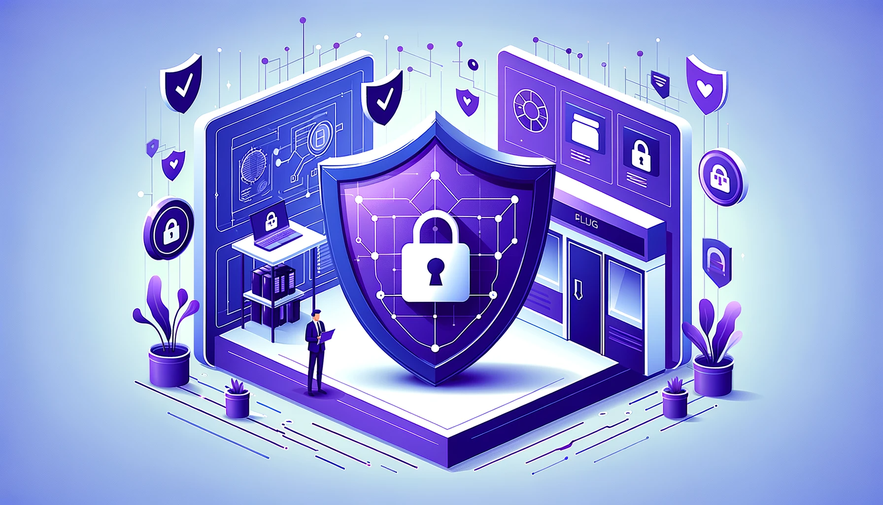 "Isometric illustration of a cybersecurity concept, featuring a figure studying a large digital shield representing data protection, surrounded by security icons and devices."