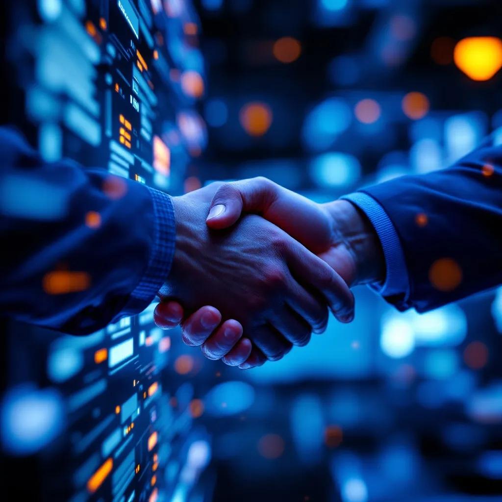 Business handshake in a digital environment, symbolizing a tech partnership or data-driven collaboration.